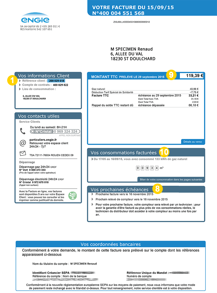 Recto d'une facture Engie