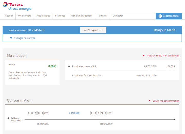 Page d'accueil espace client Total Direct Energie